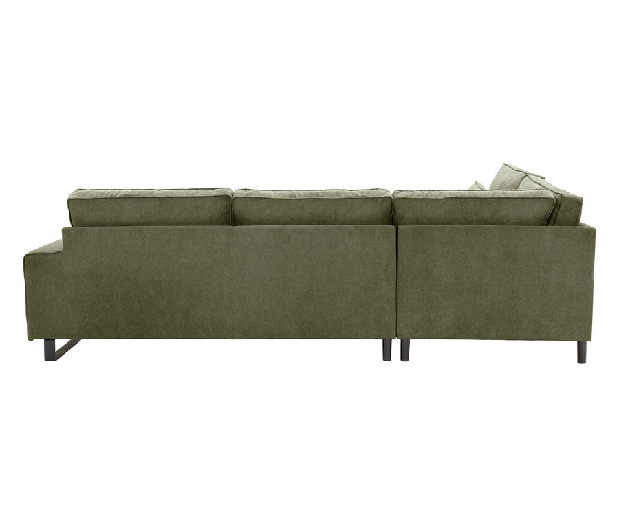 Rückansicht eines olivgrünen Stoffsofas mit schwarzen Füßen.
