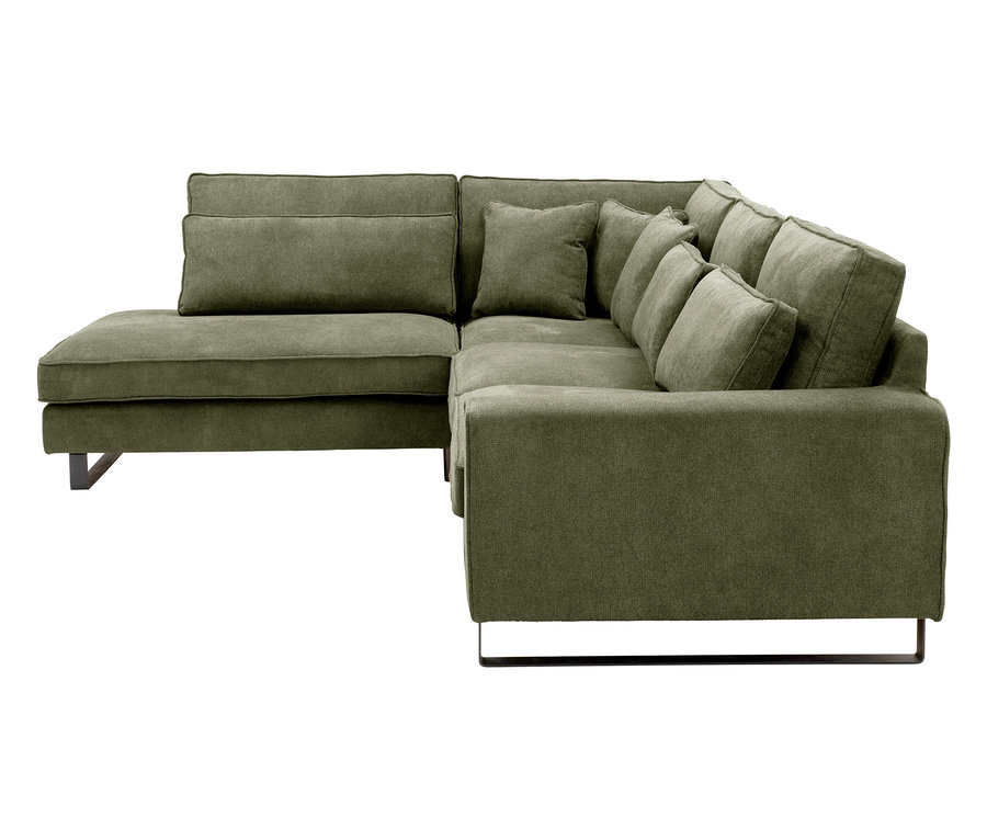 Nahaufnahme eines olivgrünen Ecksofas mit Kissen auf Metallbeinen.