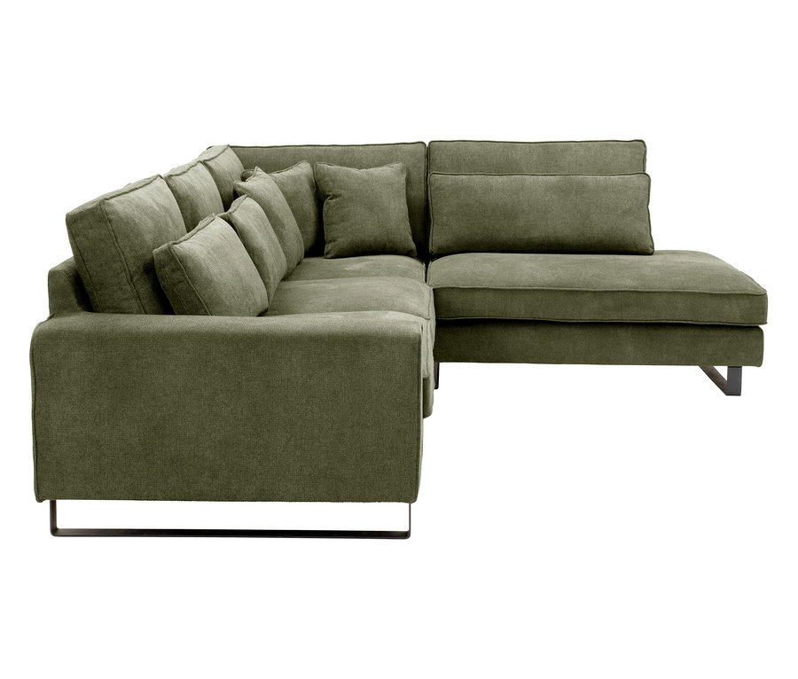 Olivegrünes modulares Ecksofa mit Kissen auf einem weißen Hintergrund.