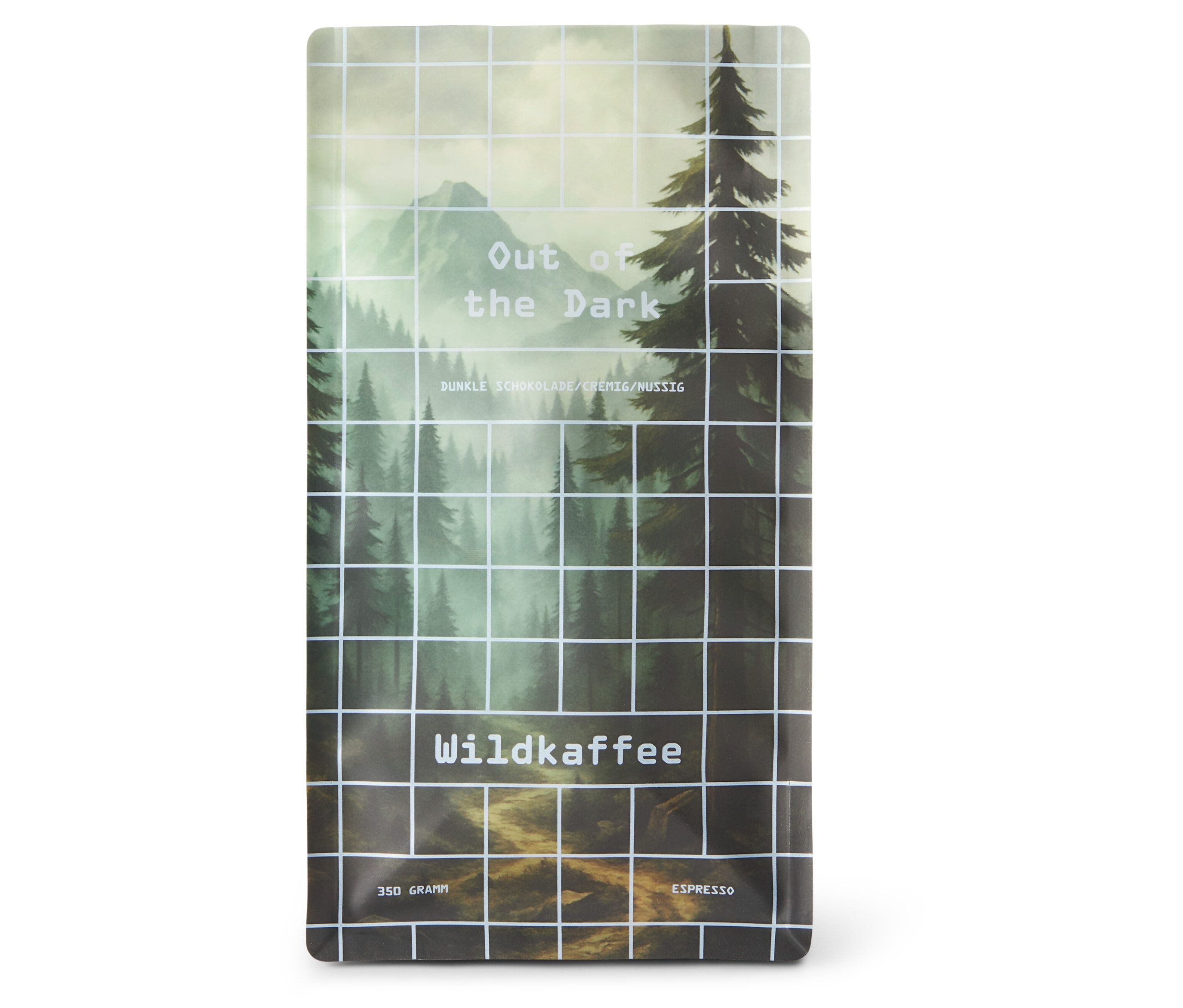 Eine Packung Wildkaffee - Out of the Dark Espresso - 350 g Ganze Bohne steht auf einem weißen Untergrund.