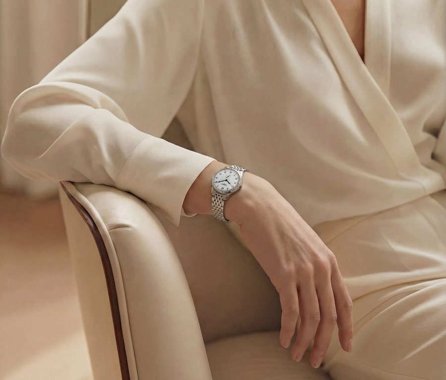 Eine Frau in einem weißen Hosenanzug sitzt auf einem Stuhl und trägt eine silberne Armbanduhr.