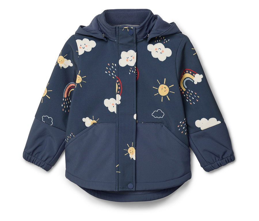 Marineblaue Kinderjacke mit Kapuze, verziert mit Wolken-, Sonnen- und Regenbogenmotiven.