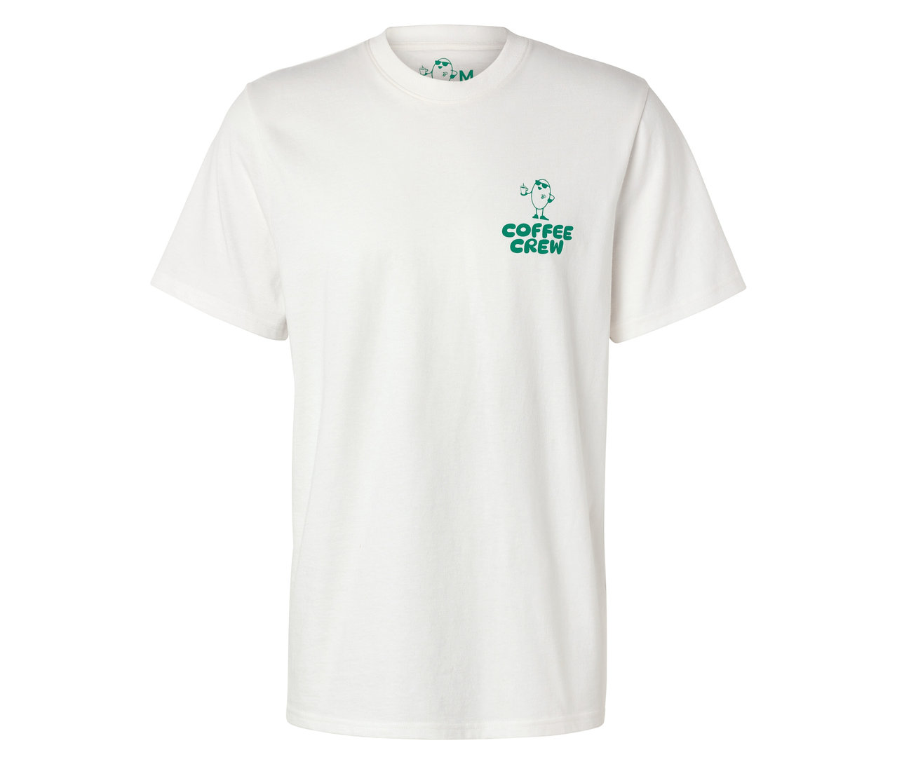 Weißes Unisex Coffee Crew T-Shirt mit kleinem, grünem Aufdruck.