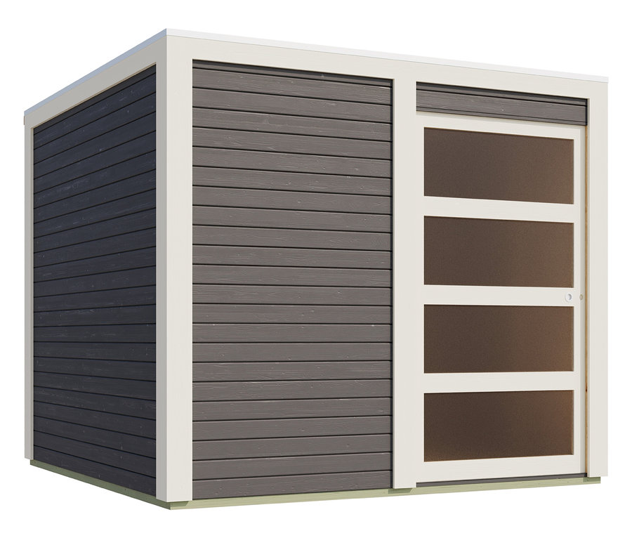 Graues Karibu Gerätehaus »Quentin 1« mit Schiebetür und weißen Rahmen.