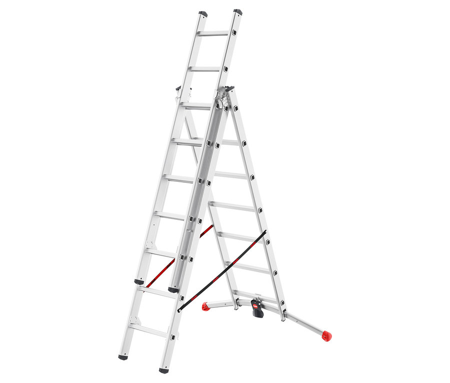 Eine silberne Mehrzweckleiter steht vor einem weißen Hintergrund.