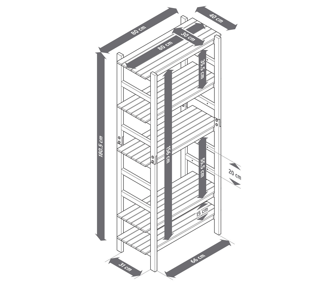 Draufsicht eines Outdoor-Regals mit individuell positionierbaren Regalböden und Maßangaben.