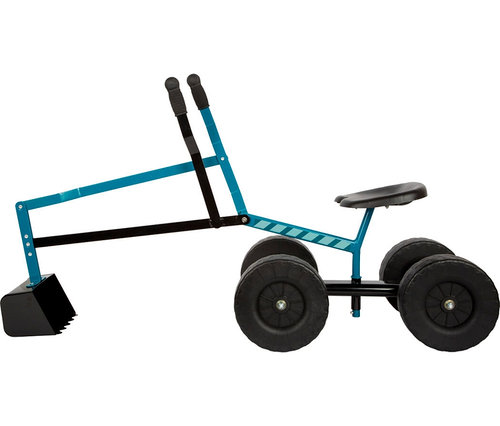 Ein türkisfarbener und schwarzer small foot Bagger mit Rädern, vier großen schwarzen Rädern, einem schwarzen Sitz und einem Grabarm mit zwei Griffen und einer schwarzen Schaufel.