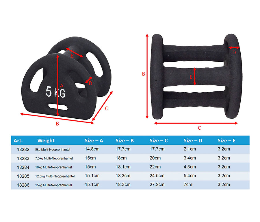 Zwei schwarze Body Coach Multifunktions-Neoprenhanteln und eine Größentabelle.
