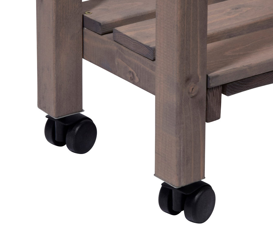 Detailaufnahme eines anthrazitfarbenen Hochbeets mit Rankgitter und Rädern.