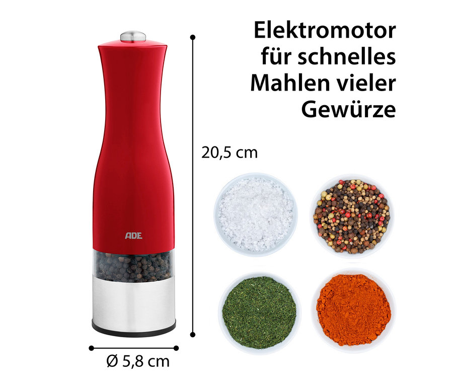 Rote ADE Elektrische Salz- und Pfeffermühle mit Beleuchtung und vier Schalen mit Gewürzen.