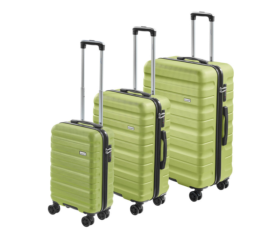 Ein 3er-Koffer-Set "Jörn" in Grün, in verschiedenen Größen mit ausziehbarem Griff und Rädern.