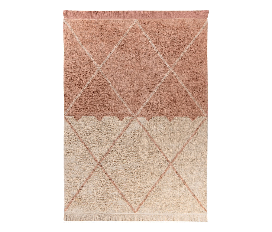 Detailansicht des Kayoom Teppichs »Mylen« in Creme und Altrosa mit Fransen und geometrischem Muster.