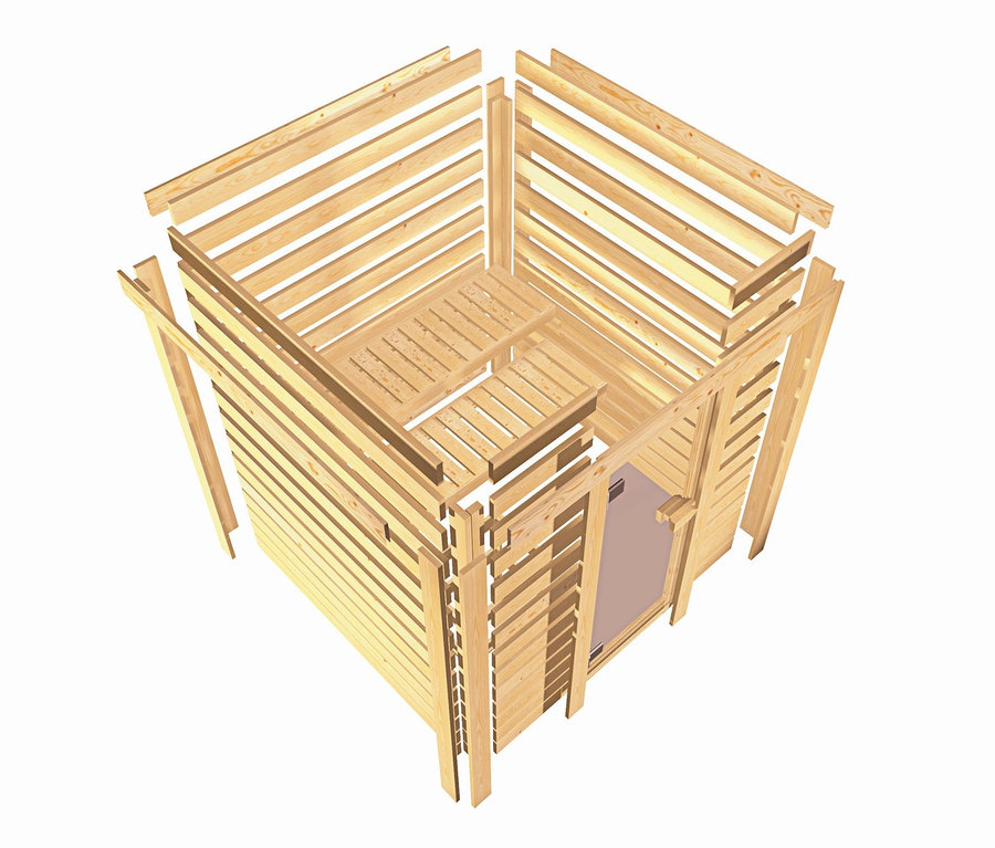 Teilweise montierte Karibu Sauna »Ciera« mit Holzlattung und Bänken im Inneren.