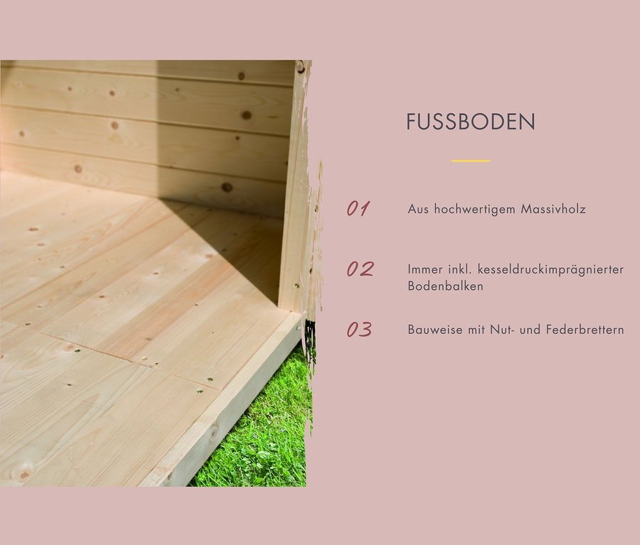 Innenansicht eines Saunahauses mit Holzboden.