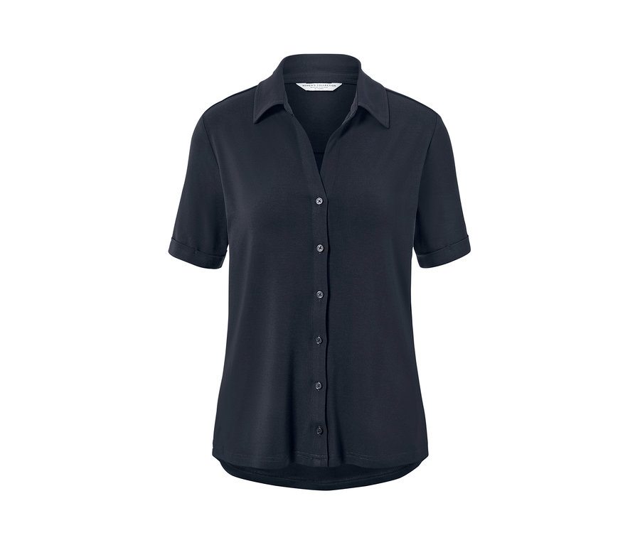 Dunkelblaues Blusenshirt mit Knopfleiste.