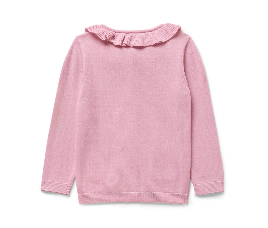 Rosa Baby-Strickjacke mit Rüschenkragen.