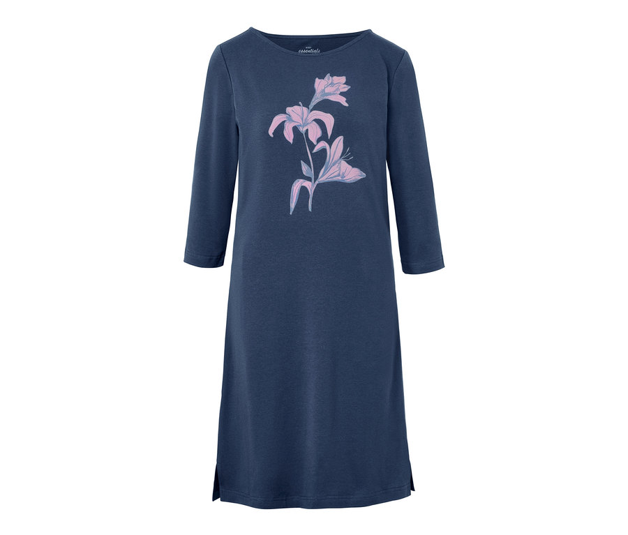 Dunkelblaues Nachthemd mit Dreiviertelärmeln und Blumenmuster.