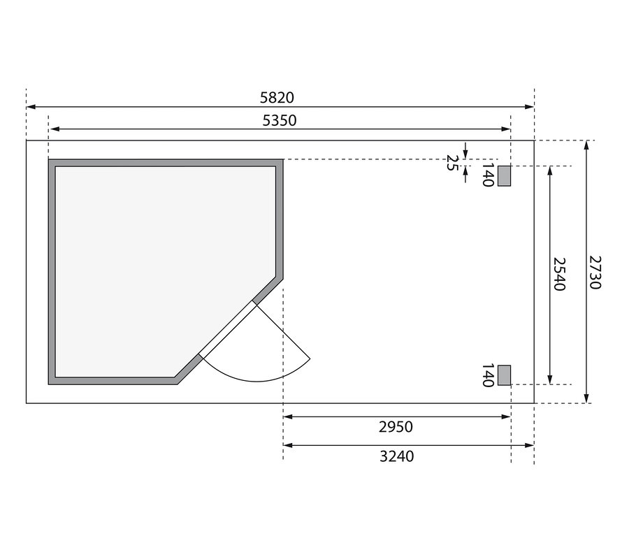Grundriss des Karibu Gartenhauses mit 3,20 m Anbaudach, 28 mm (Neeltje) mit Bemaßung.