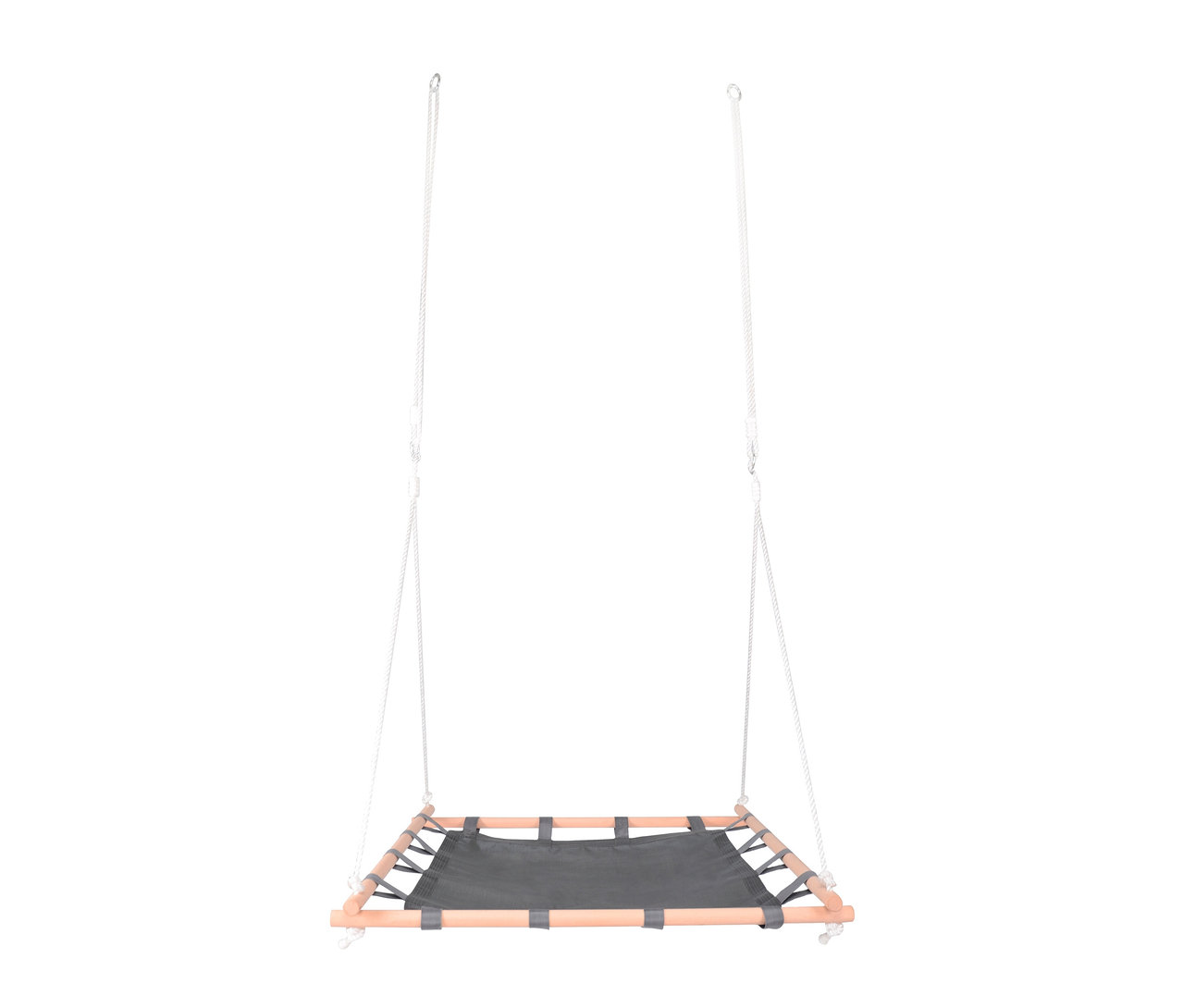 Eine Hänge-Nestschaukel von small foot mit Holzrahmen und grauem Stoff hängt.