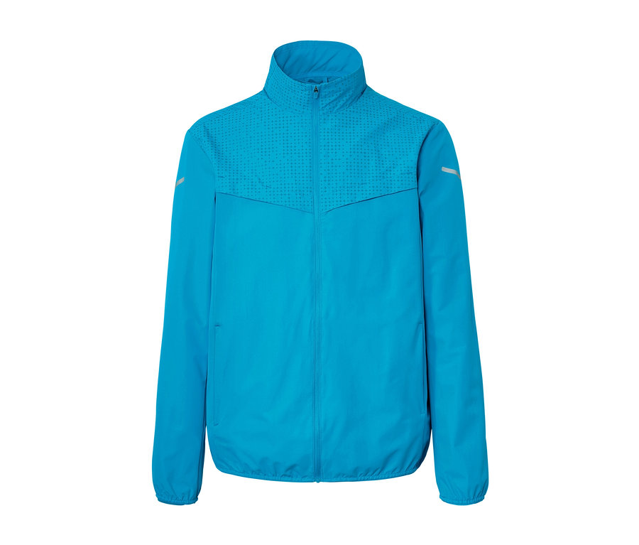 Neonblaue Windprotection-Jacke.