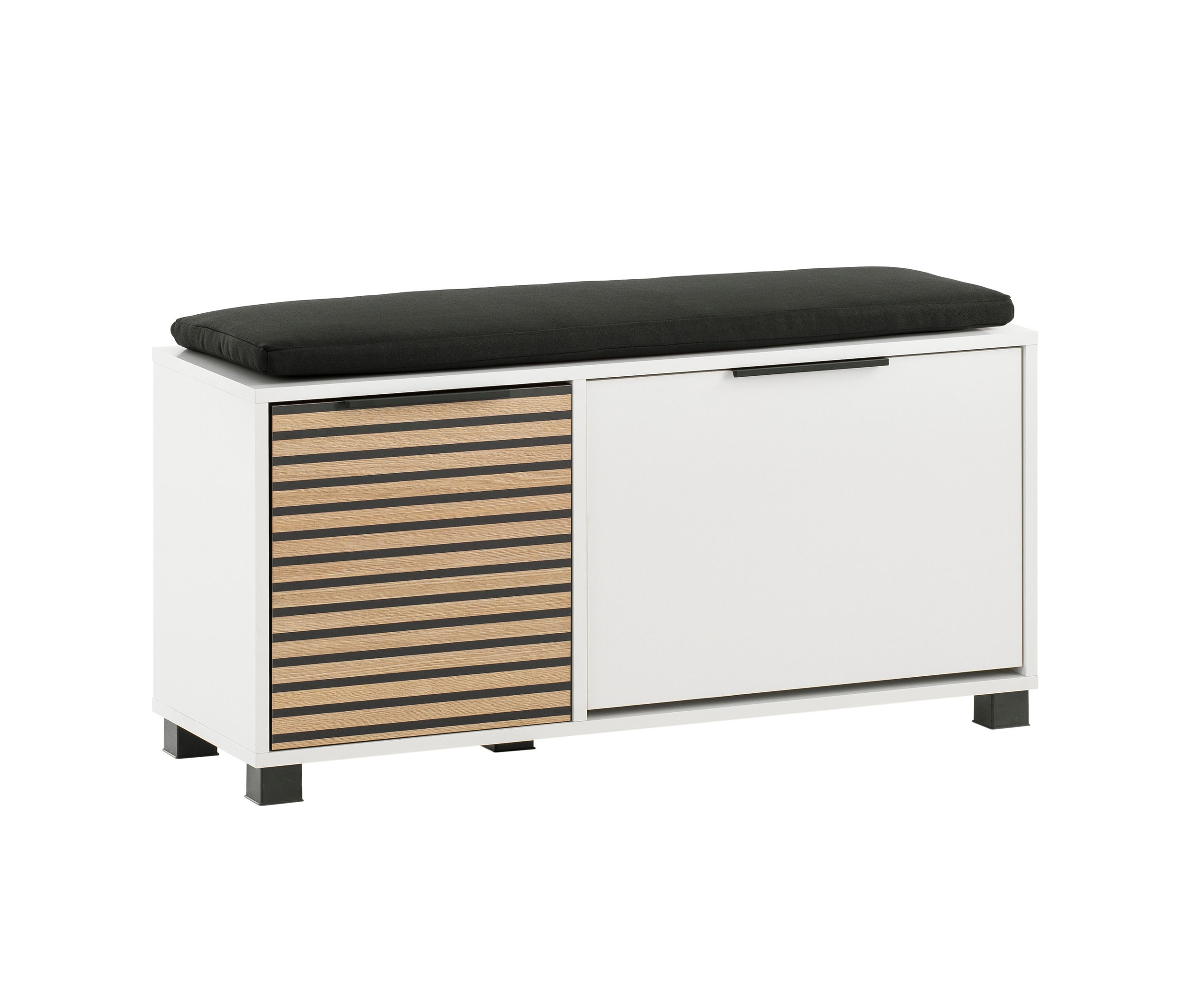 Schuhbank »Loft« mit schwarzer Sitzfläche und Lamellentüren.