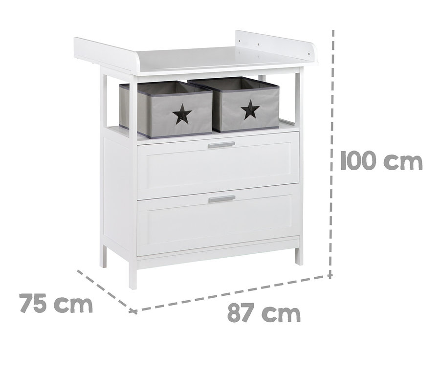 Weiße roba Wickelkommode »Hamburg« mit zwei Schubladen und zwei grauen Körben mit Stern.