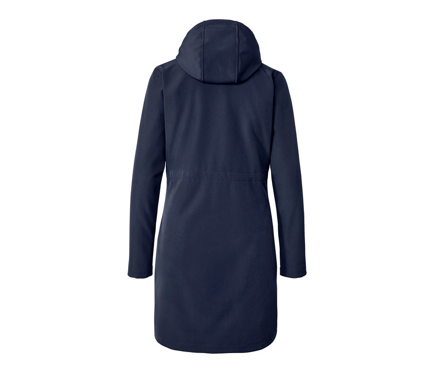 Rückansicht eines Softshellmantels in Blue Denim mit Kapuze.