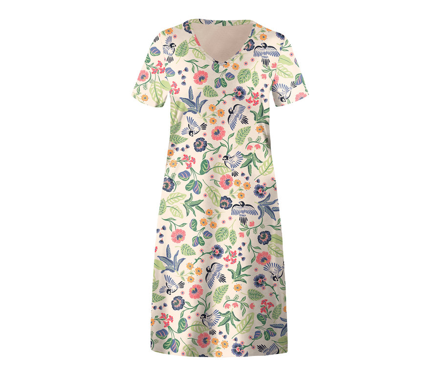 Beiges Nachthemd mit kurzen Ärmeln, Blumen und Vögeln.
