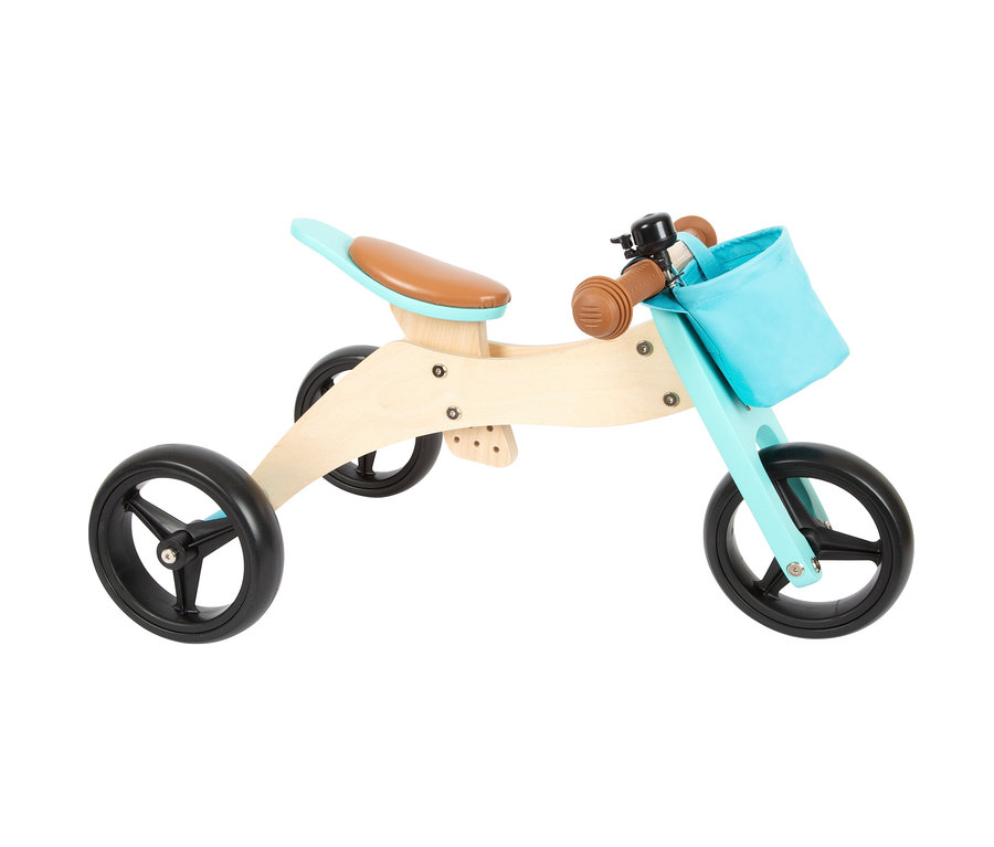 Türkises small foot Laufrad-und-Dreirad »Trike« mit braunem Sitz und schwarzen Rädern.
