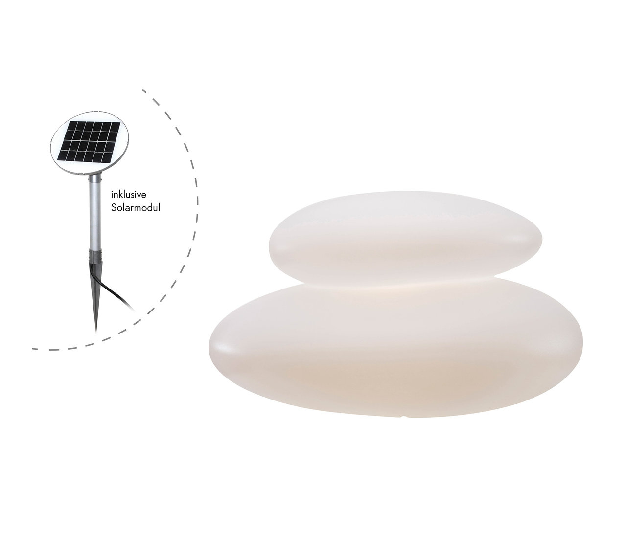 Zwei weiße, abgerundete Leuchtdekorationen, übereinander gestapelt. Links eine 39 cm Solar-Leuchte von 8 seasons design.