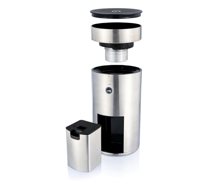 Zerlegte Wilfa Kaffeemühle "Svart Uniform" aus Edelstahl.