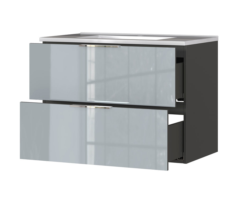 Grauer Waschtisch-Unterschrank »Vasio« mit zwei Schubladen, die obere Schublade ist geöffnet.