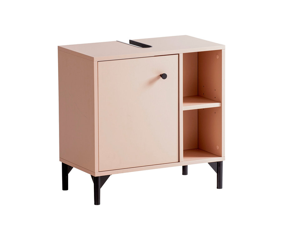 Beiger Waschbeckenunterschrank »Smash« mit schwarzen Füßen und Stauraum.