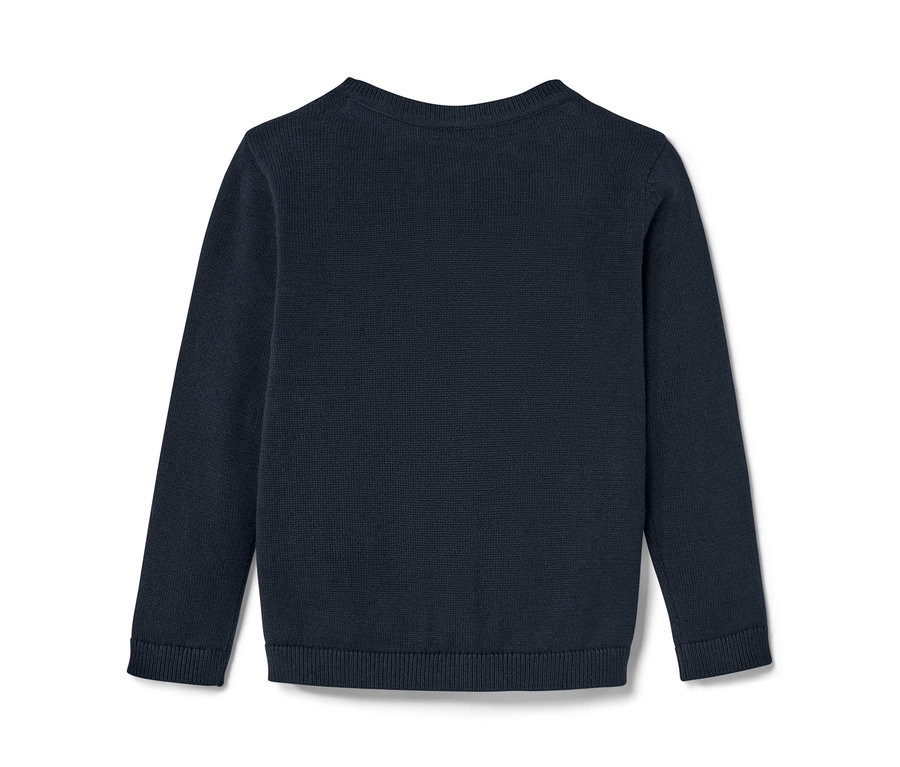 Marineblaue Kinder-Strickjacke auf weißem Hintergrund.