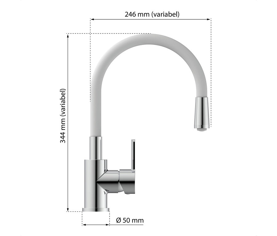 Abbildung einer silbernen Küchenarmatur mit einem weißen flexiblen Schlauch und Maßangaben, eisl-Spültischarmatur »Flexo«.