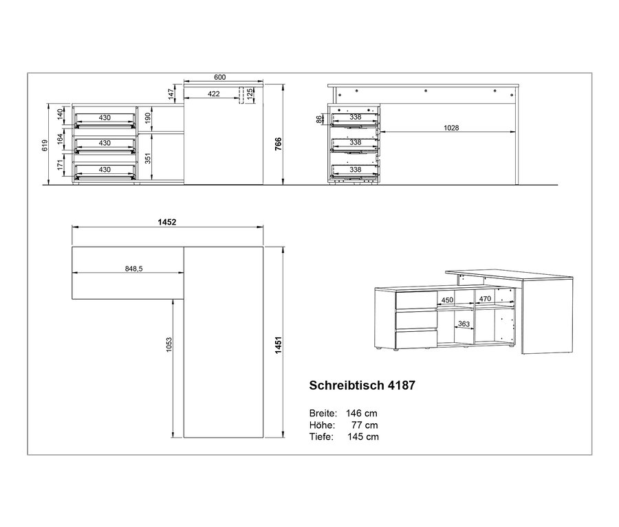 Abmessungen Eckschreibtisch »Lissabon«.