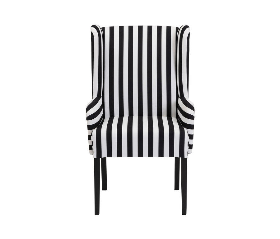 Frontansicht des »Hendrick« Hochlehner-Polsterstuhls mit Armlehne, schwarz-weiß gestreift.