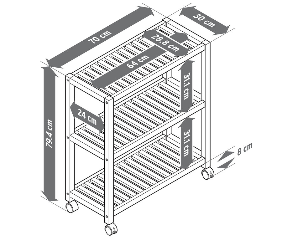 Illustration eines Massivholzregals mit Rollen und Maßangaben.
