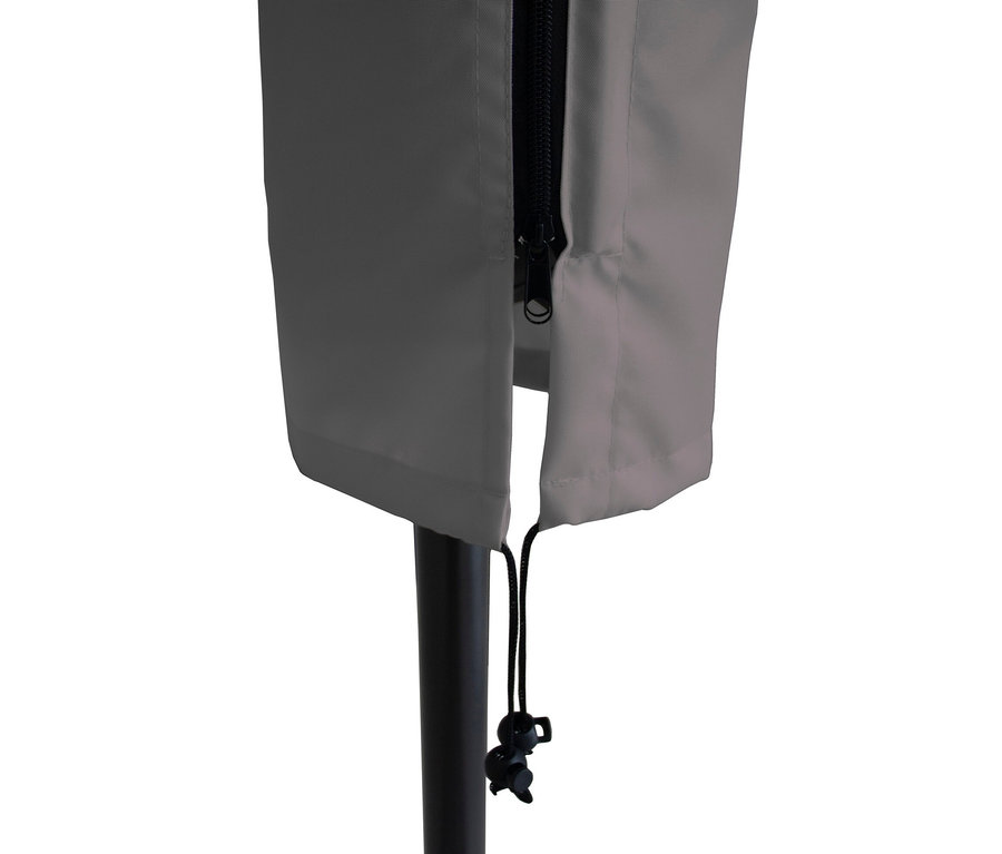Detail einer anthrazitfarbenen Leco Sonnenschirm-Schutzhülle mit Reißverschluss und Kordelzug.