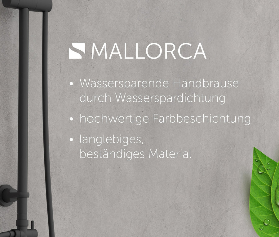 Schwarzes Überkopfbrause-Set »Mallorca« an grauer Wand.