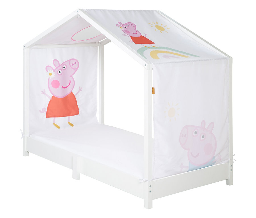 Weißes Kinderbett mit Peppa Wutz Motiven.