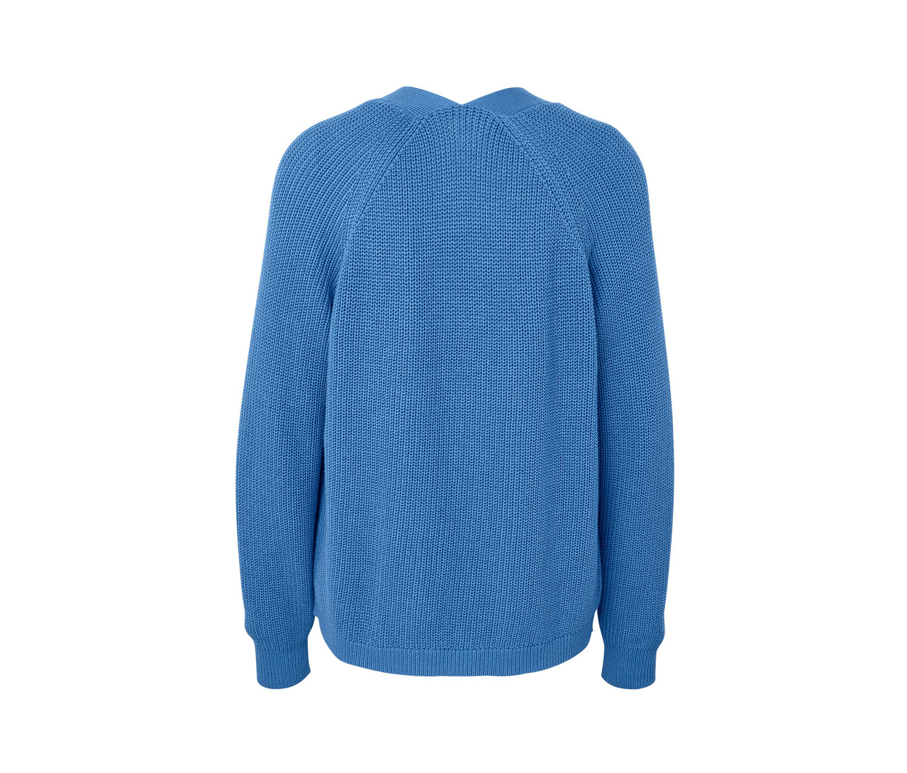 Rückansicht eines offenen, blauen Cardigans.