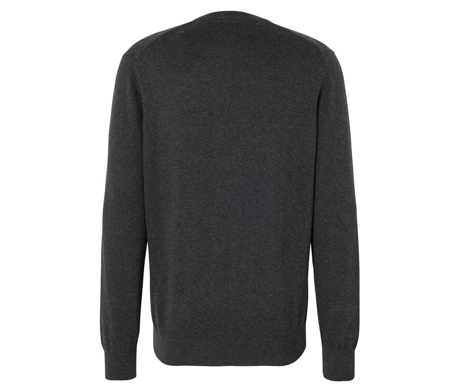 Detailansicht eines grauen Langarmpullovers von hinten.