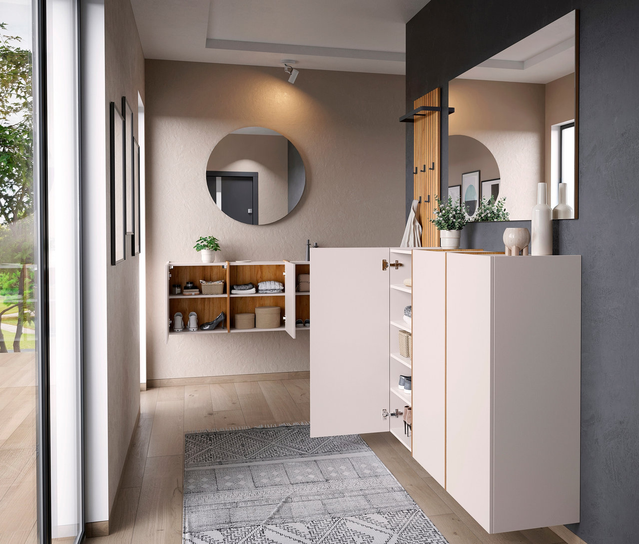 Flur mit einem Garderobenpaneel und Schuhschränken an den Wänden.