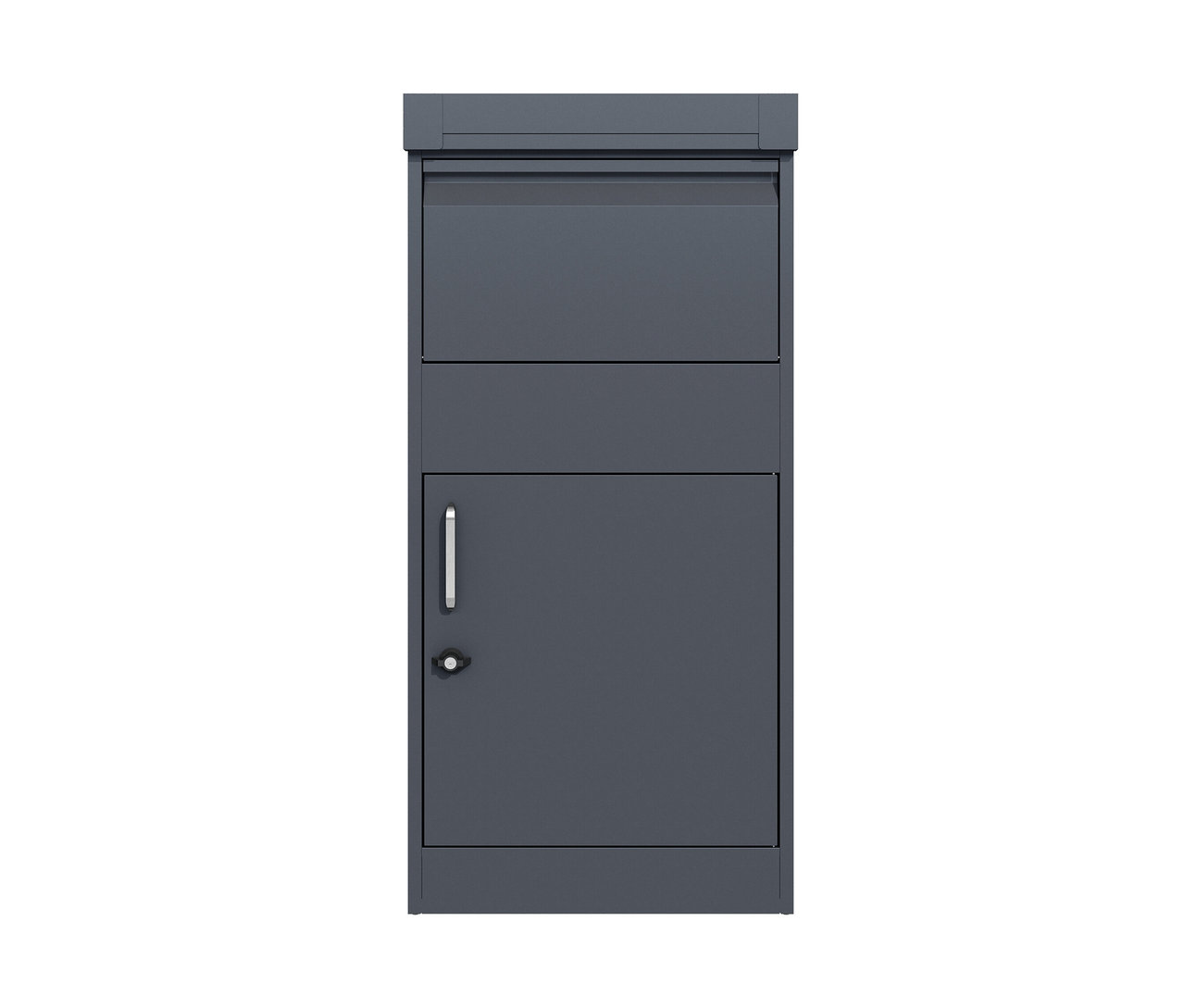 Eine dunkelgraue Paketbox mit Blumenkasten.