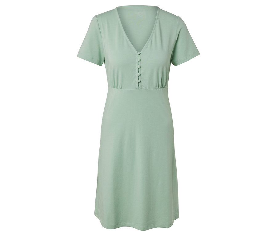 Ein grünes Nachthemd mit kurzen Ärmeln und Knöpfen.