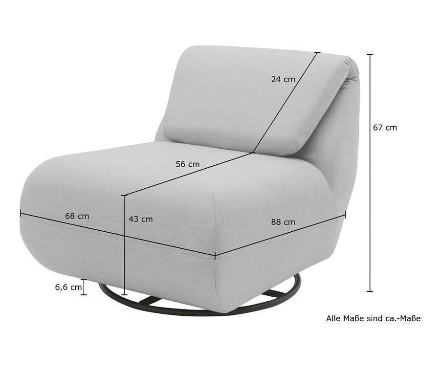 Abmessungen des grauen Domo Collection Drehsessels mit Sunbrella®-Stoff werden mit Linien und Text dargestellt.