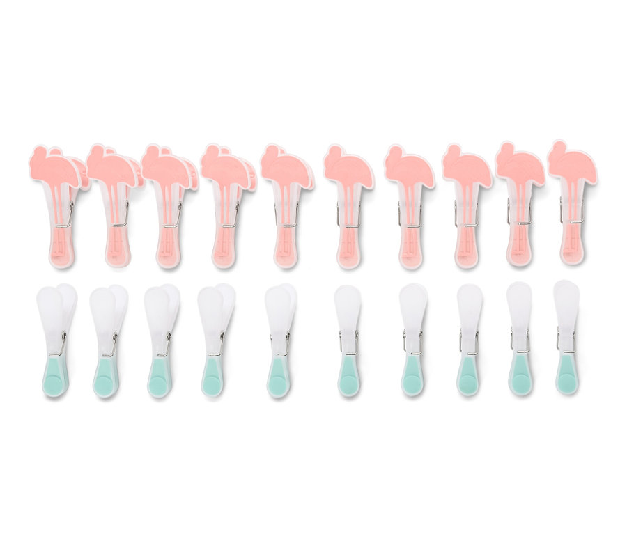 Zwei Reihen von 20 Wäscheklammern. Obere Reihe rosa mit Flamingos, untere Reihe weiß mit Türkis.