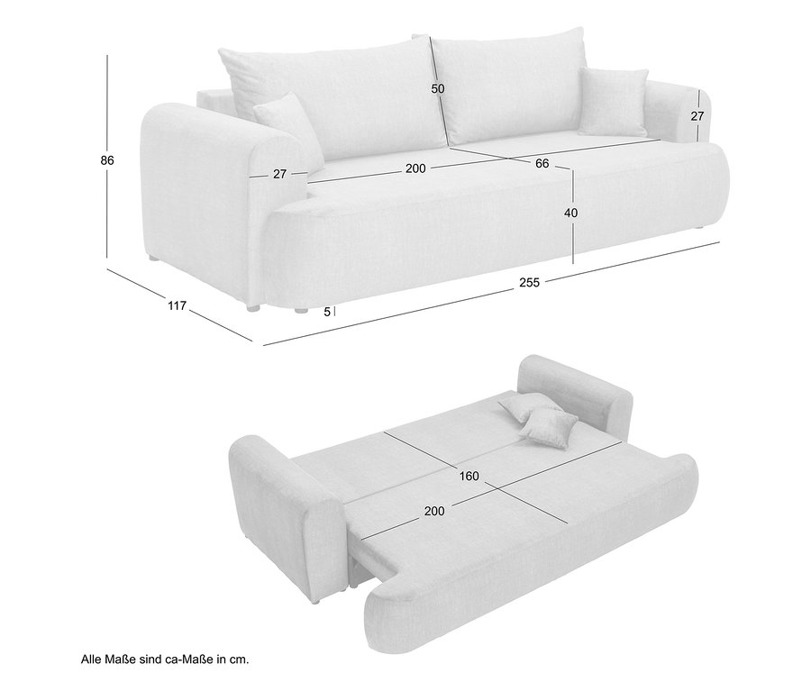 Draufsicht eines cremefarbenen Schlafsofas mit Maßen.