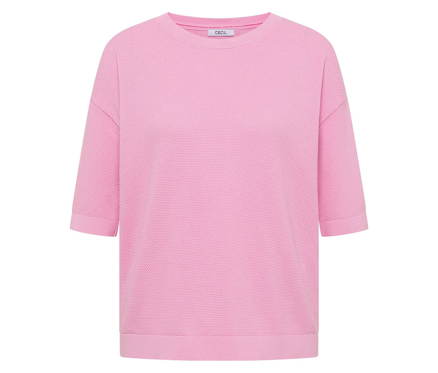 Der CECIL Kurzarmpullover in Rosa ist auf dem Foto zu sehen.